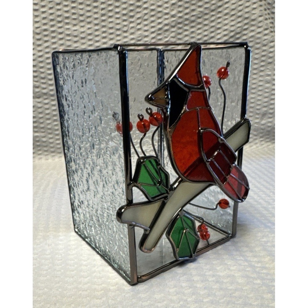 Stained Rectangle Glass and‎ Metal Cardinal Candle Holder Holly Berry Red Bird